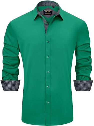 J.VER Men's Long Sleeve Dress Shirts Stretch Non Iron Regular Fit Business Fashion Button Down Formal Shirt for Wedding Work Hunter Green XL