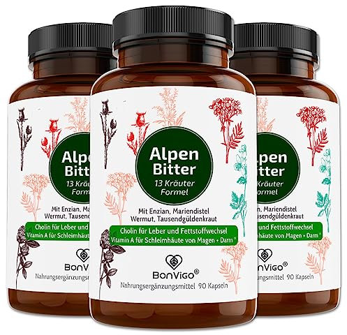 BonVigo® AlpenBitter 270 Bitterstoff Kapseln - Bitter-Kräuter u.a. Enzian, Wermut, Tausendgüldenkraut - Cholin unterstützt Leber, Fettstoffwechsel, Verdauung - Magenbitter Formel nach Kloster-Rezept