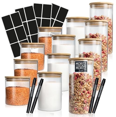 Moritz & Moritz 12x Vorratsgläser mit Deckel Set 4x 1500 ml 4x 750 ml, 4x 500 ml - 12x Vorratsdosen Glas mit Deckel luftdicht aus Bambus - Als Aufbewahrungsgläser Küche