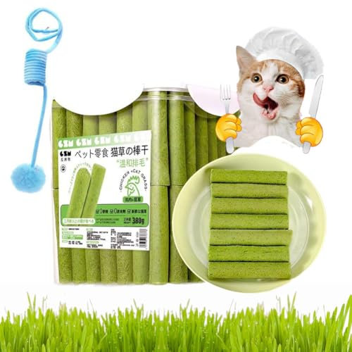 Katzengras-Beißstäbchen, Katzengras-Beißstäbchen-Haarballen, Fleisch- und Katzengras-Beißstäbchen für Hauskatzen, grünes Gras-Katzen-Beißstäbchen, CaDental-Pflege, Steigerung des Appetits (60Pcs)