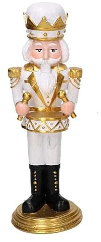 Soldatino Schiaccianoci in resina con tamburo bianco e oro cm 12x11,54xh31