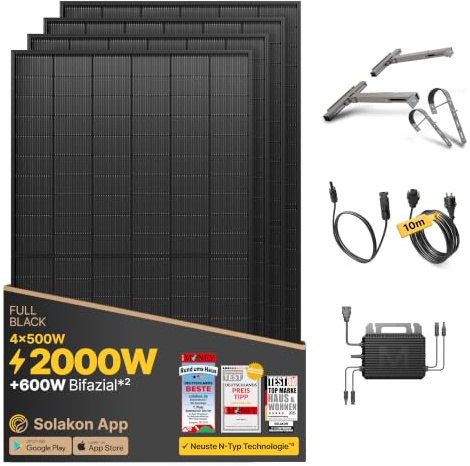 Solakon Balkonkraftwerk 2000W komplett Steckdose - Inklusive Halterung - Balkonkraftwerk 2000 Watt neuester Wechselrichter 800W - Solaranlage Komplettset mit 4x500W Solarpanel mit 10m Kabel