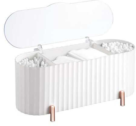 PCKOBEVER Makeup Pads Container, Cotton Swab Holder, Pad Dispenser With 3 Compartments, Storage With Lid, Makeup Organiser