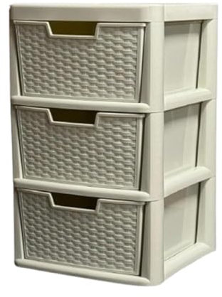 KYY'Z Large Drawer Storage Unit Tower Rattan Effect Large Organizer Chest Tower Unit Cabinet Trolley Home Bedroom Kitchen Office School Garage 39 (D) x 39 (W) x 62 (H) cm (Cream, 3 Tier)