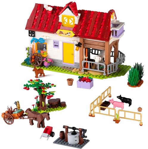 Bauernhof Tiere Haus Baukasten, 649 PCS Freunde Bauklötze, Traumwohnung Kreaturen Spielzeug mit Hof, Apfelbaum, Kutsche, Brunnen, Schweine, Milchkuh für Kinder Mädchen Jungen Alter 6 7 8-12+