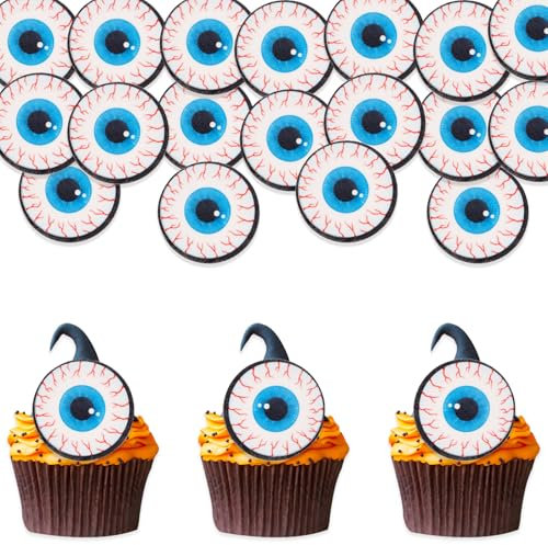 DazzJoy 48 Halloween Tortendeko Essbar,Halloween Augapfel Deko,Halloween Kuchen Deko Essbar,Halloween Deko Cupcake Essbar,Esspapier Tortendeko Halloween,Essbare Halloween Cupcake Deko