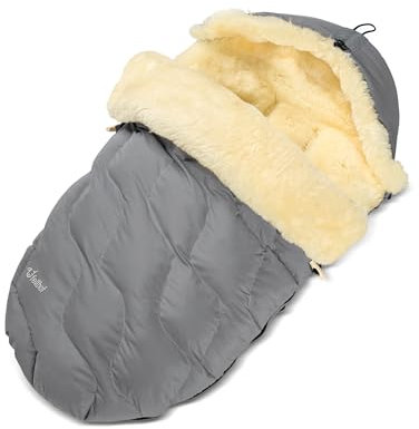 Fellhof® Lammfell Fußsack Kinderwagen WINTERBERG, OEKO-TEX® zertifiziert, 50x98 cm, wind- und wasserdicht, Allroundmodell, mit stufenlos verstellbaren Gurtschlitzen, waschbar bis 30°C grau