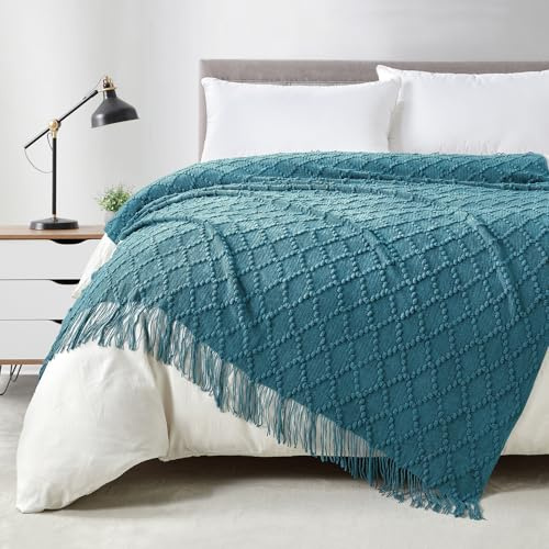 BOURINA Textured Solid Knitted Throw Blanket Teal 127x178cm | Jacquard Argyle Throw Textured Solid Soft Throws and Blankets for Sofa or Bed Knitted Decorative Blanket