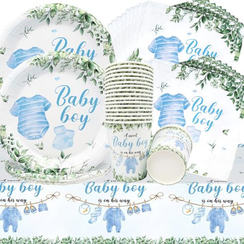 Vajilla para Fiesta de Baby Shower Azul,61Pz Vajilla para Fiesta de Cumpleaños de Bebé Niño Platos,Tazas,Servilletas,Manteles Adecuado para la fiesta de Cumpleaños de los Niños Vajilla Baby Shower