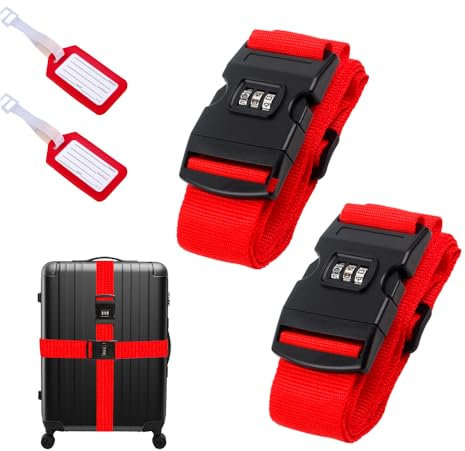 2 StüCk Kofferband Mit Schloss, Kofferband AuffäLlig, StrapazierfäHiges Gurtband Mit Hoher Dichte, GepäCkband Ideal üBer Kreuz, Inkl. 2 Namensschildern，rot(Farbe)