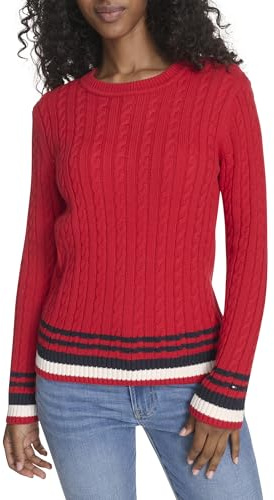 Tommy Hilfiger Women's Cotton Crewneck Cable Sweater, Scarlet Multi, M
