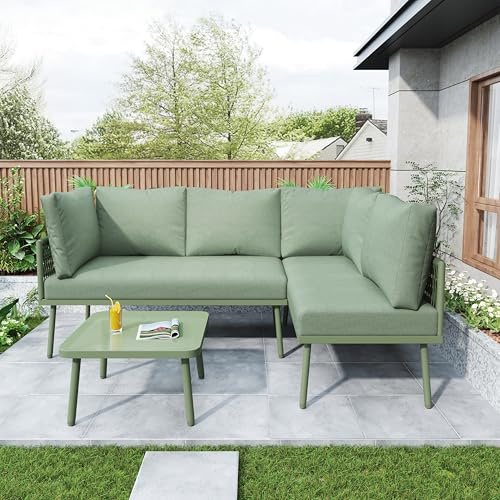 Goeria Garten-Lounge-Set aus Eisen, Gartenmöbel-Set aus grünem Seil, L-förmiges Gartenmöbel-Set, Lounge-Set aus grünem Seil mit Sitzkissen, verstellbaren Füßen, 2 Sofas und 1 Tisch