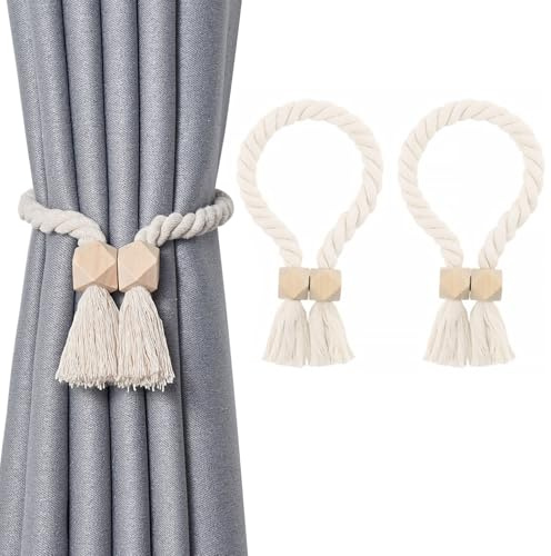 Magnetische Vorhang Raffhalter, 2 Stück, Baumwolle Seil | Raffhalter für Vorhänge Gardinenhalter Curtain Rope Buckle, Vorhangbinder Gardinen Raffhalter Für Boho, Landhaus, Küste