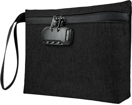 BOJLY Geruchsdichte Tasche, Geldtasche mit Zahlenschloss - 32 x 19cm wasserdichte Tasche, Aktivkohle Gefüttert für Reisen/Essentials, Sichere Aufbewahrung (Schwarz)