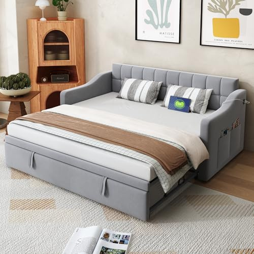 RIAZOS Polsterbett Ausziehbares Schlafsofa 90/180 x 190 cm, Einzelbett mit USB Type-C Ladefunktion, Daybett Gästebett, Samt, ohne Matratze, Hellgrau