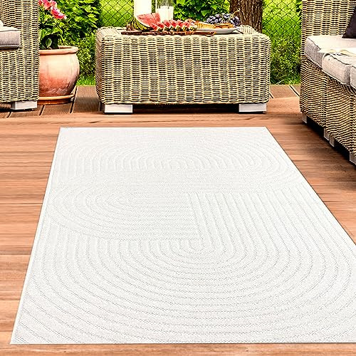 CARPETIA In- & Outdoor Teppich Kreismuster Creme Wetterfest 240x340 cm | Pflegeleicht, wetterfest, schmutzabweisend und strapazierfähig, OEKO-TEX geprüft, für Fußbodenheizung, mit 3D-Struktur