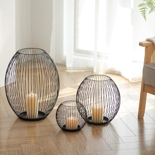 Sziqiqi Windlicht Groß Schwarz Metall: 45/30/15cm Laternen, 3er Set | Kerzenständer Boden, 3-in-1 Nesting-Funktion, für Stumpenkerzen, für Home Deko, Wohnzimmer, Balkon, Draußen, Weihnachten