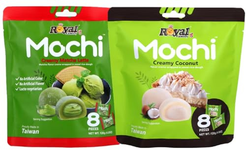 Royal Family Mochi 2er-Set: Creamy Matcha Latte & Creamy Coconut (2x120 g) Reiskuchen mit cremiger Füllung – zart, süß & köstlich. Ideal als Dessert oder Snack