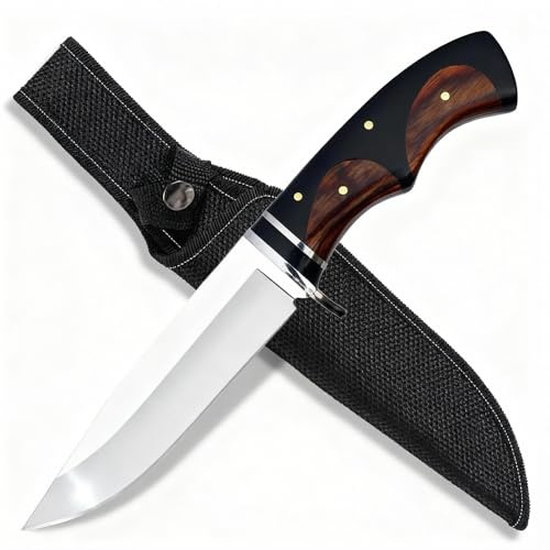 GER-SABER Outdoor Messer 29cm – Gerade Rücken Klinge, Klassischer Handschutz aus Edelstahl, Mehrschichtiger Rinderhorn-Holz-Griff mit Nieten, Robuster Naturbegleiter