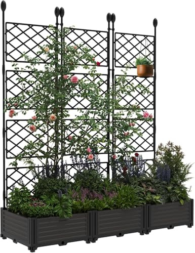 Aptliton 3 PCS Raised Garden Bed with Trellis, 125X41X160 CM Plastic Planter Box for Climbing Plants, Outdoor Vertical Garden with Privacy Screen for Patio, Balcony, Backyard – Sturdy & Lightweight