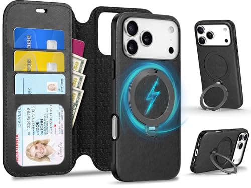 TUCCH Detachable Wallet Case Ring Stand for iPhone 17 Pro Max, Black