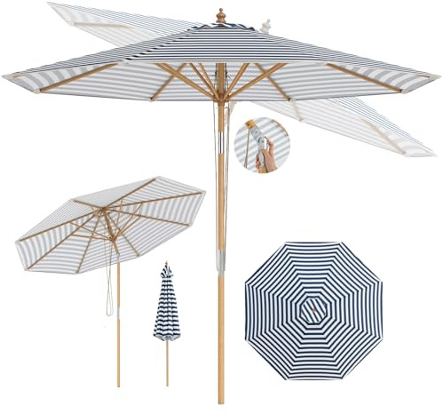 RELAX4LIFE Parasol Inclinable 270CM en Bambou, Parasol de Jardin Extérieur, 8 Baleines, Inclinaison 30°, Dessus Ventilée, Levage à Corde, 3 Positions, pour Jardin Terrasse Plage (Rayé Bleu+Blanc)