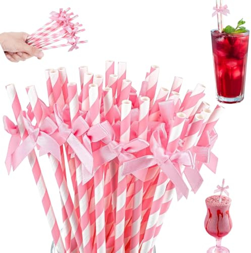 30 Pcs Pink Paper Bow Straws Disposable for Drinking, Cute Pink Bow Party Straws Bulk, Cocktail Straws for Juice Coffee Tea Cocktail Milkshake