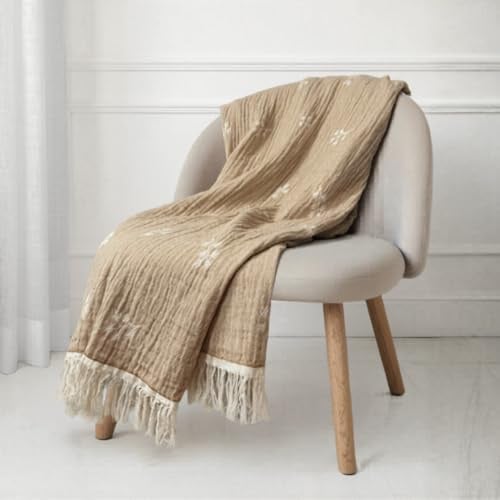 Kava Manta Algodón 100% con Diseño Jacquard – Manta Sofá y Cama (130x180 cm) – Plaid Decorativo Suave, Ligero y Transpirable - Colcha Entretiempo Tejida, Cubre Sofá (Camel)
