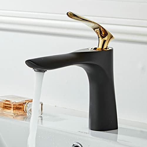 Leekayer Badezimmer moderner schwarzer Waschbeckenkran, Chromgoldgriff, bevorzugtes Messingmaterial, langlebig und robust, wasserdicht und rostdicht, Einloch-Montage