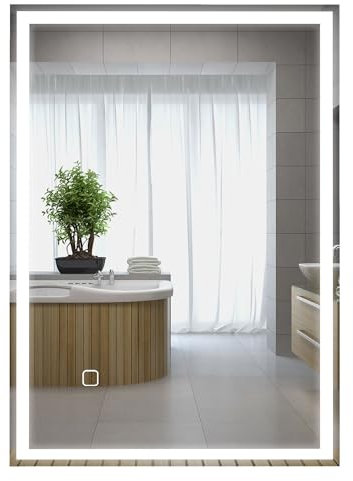kleankin Bathroom Mirror with LED Lights, Illuminated Makeup Mirror with 3 Colours, Defogging Film and Memory Function, Hardwired, Horizontal or Vertical, 70 x 50 cm