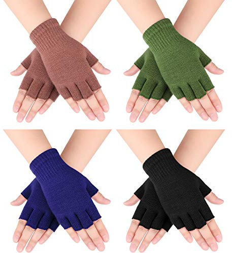 Bememo Fingerlose Handschuhe, Halbfinger-Handschuhe, Winter, einfarbig, gestrickt, für Jungen und Mädchen, 4 Paar, Schwarz, Khaki, Dunkelgrün, Dunkelblau, 5.5 x 3.9 inches