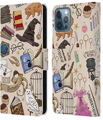 Head Case Designs Officially Licensed Harry Potter Hogwarts Pattern Deathly Hallows XXXVII Leather Book Wallet Case Cover Compatible With Apple iPhone 12 / iPhone 12 Pro