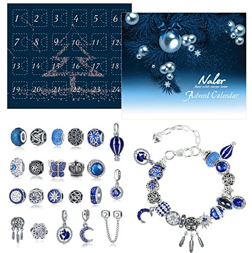 Naler 24-teilig Charms Adventskalender Blau Schmuck Anhänger Glasperlen mit Ketten und Armband für Weihnachten