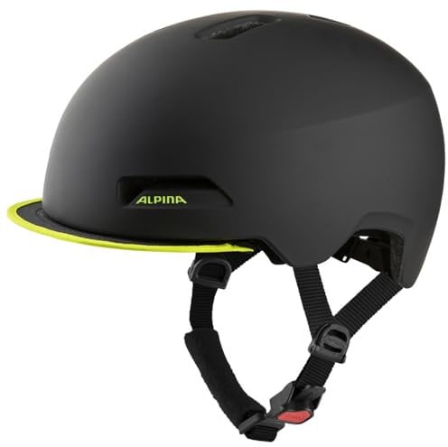 Alpina Brooklyn - Beleuchteter, Robuster und Komfortabler Urban Fahrradhelm Mit LED-Licht Für Erwachsene, Black-neon Yellow matt, 57-61 cm