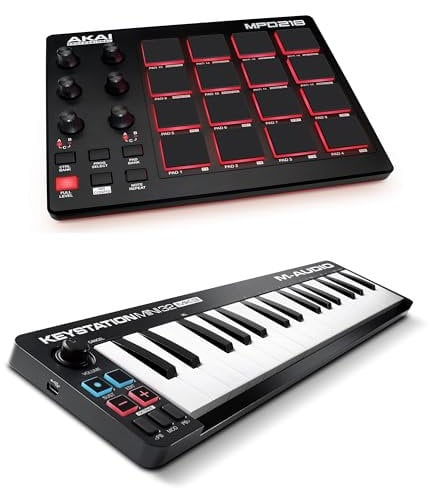 AKAI Professional MPD218 - Controller MIDI USB con Pad MPC e Manopole + M-Audio Keystation Mini 32 MK3 - Mini Tastiera MIDI Controller USB Portatile