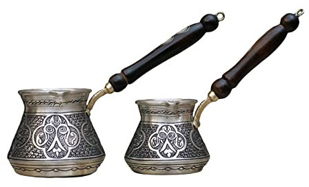 Solid Hammered Copper Turkish Greek Arabic Coffee Pot Over Stove Coffee Maker Wooden Handle Coffee Pots (Set Of 3)