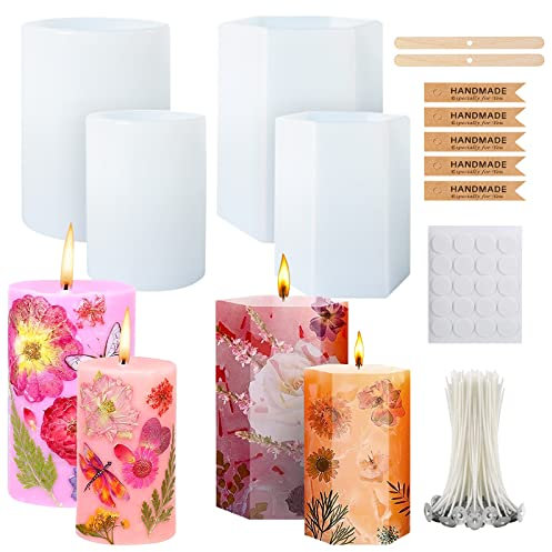 XINRANFF Molde para Velas, 4 Pieza Molde Velas Cilíndricos y Hexagonal de Silicona, 3D Adornos Vela Moldes de Silicona para Hacer Velas de Aromaterapia, Decoración Hogareña