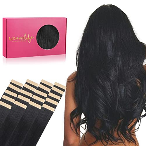 WENNALIFE Tape Extensions Echthaar, 20pcs 50g 50cm 20 Zoll Tief Schwarz Remy Invisible Tape Extensions Seidig Gerade Echthaar Extensions Skin Weft Tape Ins