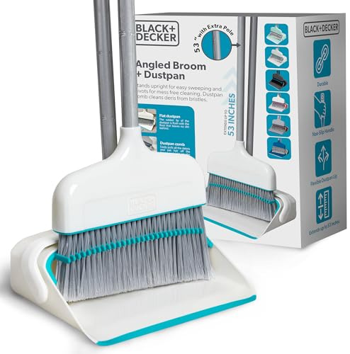 BLACK+DECKER Butler Broom and Dustpan Set for Home, Short Handle, Stand Up and Lightweight Space Saving Dust Pan and Broom Combo for Kitchen, Living Room, Bathroom, Lobby Floor Use