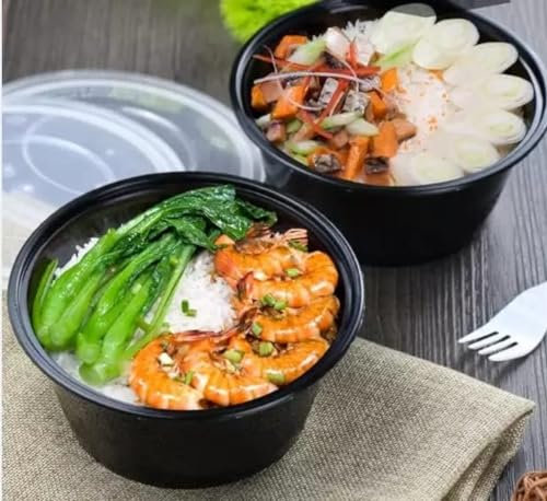 HOT BARGAINS 50 X 400ml Heavy Duty Round Takeaway Food Containers with Lids Black Colour Round Shape Container Non CFC, BPA Free, Microwave & Freezer Safe
