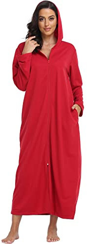Damen Reißverschluss Bademäntel Kapuze Lang Hausmantel Sweatshirt Volle Länge Bademantel Langarm Loungewear Weiches Nachthemd mit Taschen, Burgunder, Large