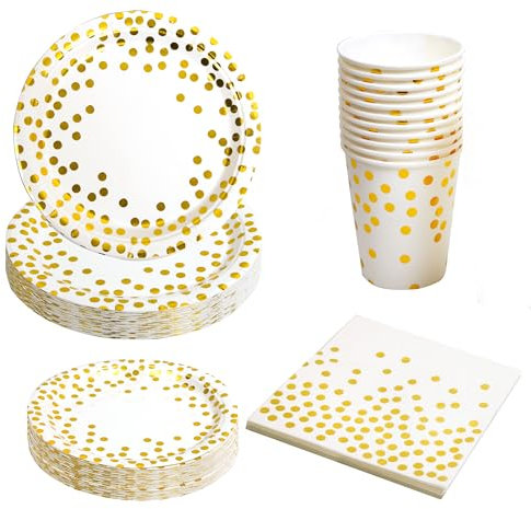 BOX And Tree| 80 pièces Vaisselle Anniversaire, Assiettes Dorées et Blancs Or en Carton, Serviettes, Gobelet et couverts en bois Vaisselle pour Mariage, Noces, Noël et Fêtes, 20 invités