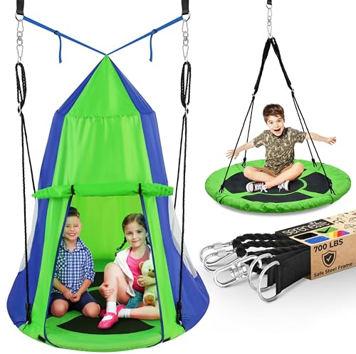 SereneLife 40 Kids Hanging Tent Swing, Circle Swings for Outside w/Detachable Tent & Swinging Swivel Spinner