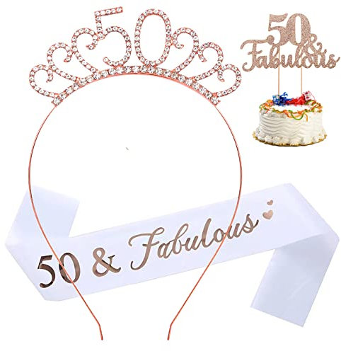 Leixi 50 & Fabulous Sash & Strass Tiara Cake Topper Set, Great Birthday Gifts,Rose Gold Birthday Sash / Tiara for Women's 50th Birthday Party Decoration (Rose Gold 50th)