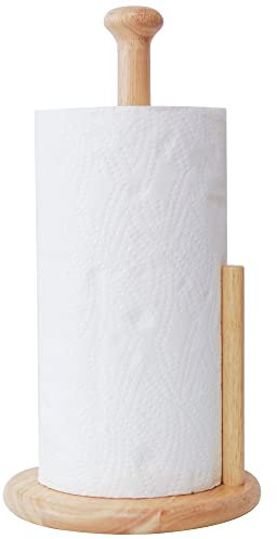 E-ROOM TREND Holz Küche Rollenhalter Freistehend | Papier Handtuchhalter Natur Farbe Arbeitsplatte mit Gummi Holz Runde Basis Dia 18CM hoch 35CM | für Küche Esstisch Home Decor(ZJ281Y)