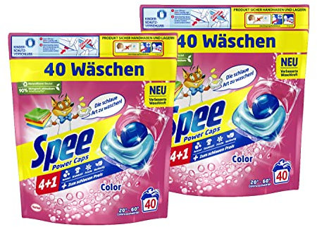 Spee Power Caps Color 4 + 1 80 WL (2 x 40 Waschladungen), Colorwaschmittel für Buntwäsche & Dunkles, vordosiertes Waschmittel vereint Reinheit, Strahlkraft, Frische & Nachhaltigkeit