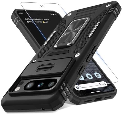DEERLAMN Case for Google Pixel 8 Pro Protective Cover Black | with Slide Camera Cover, Screen Protector, (1 Pack), Rotated Ring Kickstand, Military Grade, Shockproof, Heavy Duty