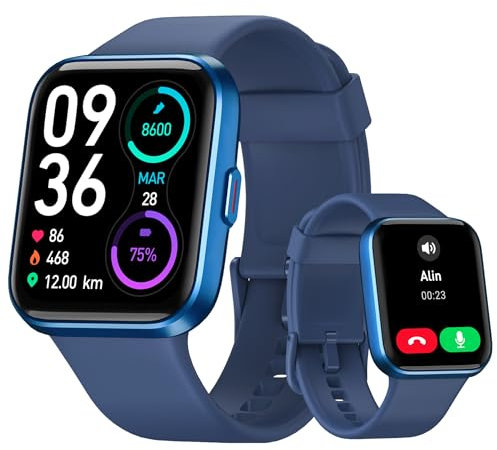 Tensky Smartwatch Herren Damen mit Telefonfunktion 1,8'' Alexa Integriert Fitnessuhr 100 Sportmodi, Pulsmesser, SpO2 Stress Schlafmonitor, IP68 Wasserdicht Schrittzähler für Android iOS Hellenblau