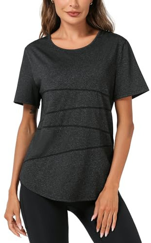 Terecey Sport T-Shirt Damen Fitness Yoga Shirt Damen Sportshirt Rundhalsausschnitt Funktionsshirt Kurzarm Oberteile für Gym Tennis Schwarz M
