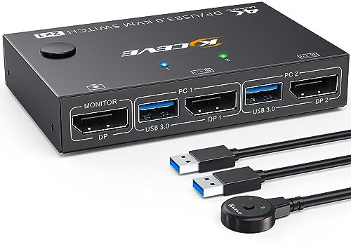 YOUTINGHDAV USB 3.0 KVM Switch Displayport 4K @ 144Hz, KVM Switch 2 PC 1 Monitor 8K@30Hz, DP KVM Switch 2 en 1 Out for 2 PC Compartiendo 4 dispositivos USB 3.0 Teclado Ratón Monitor con Wired Remote